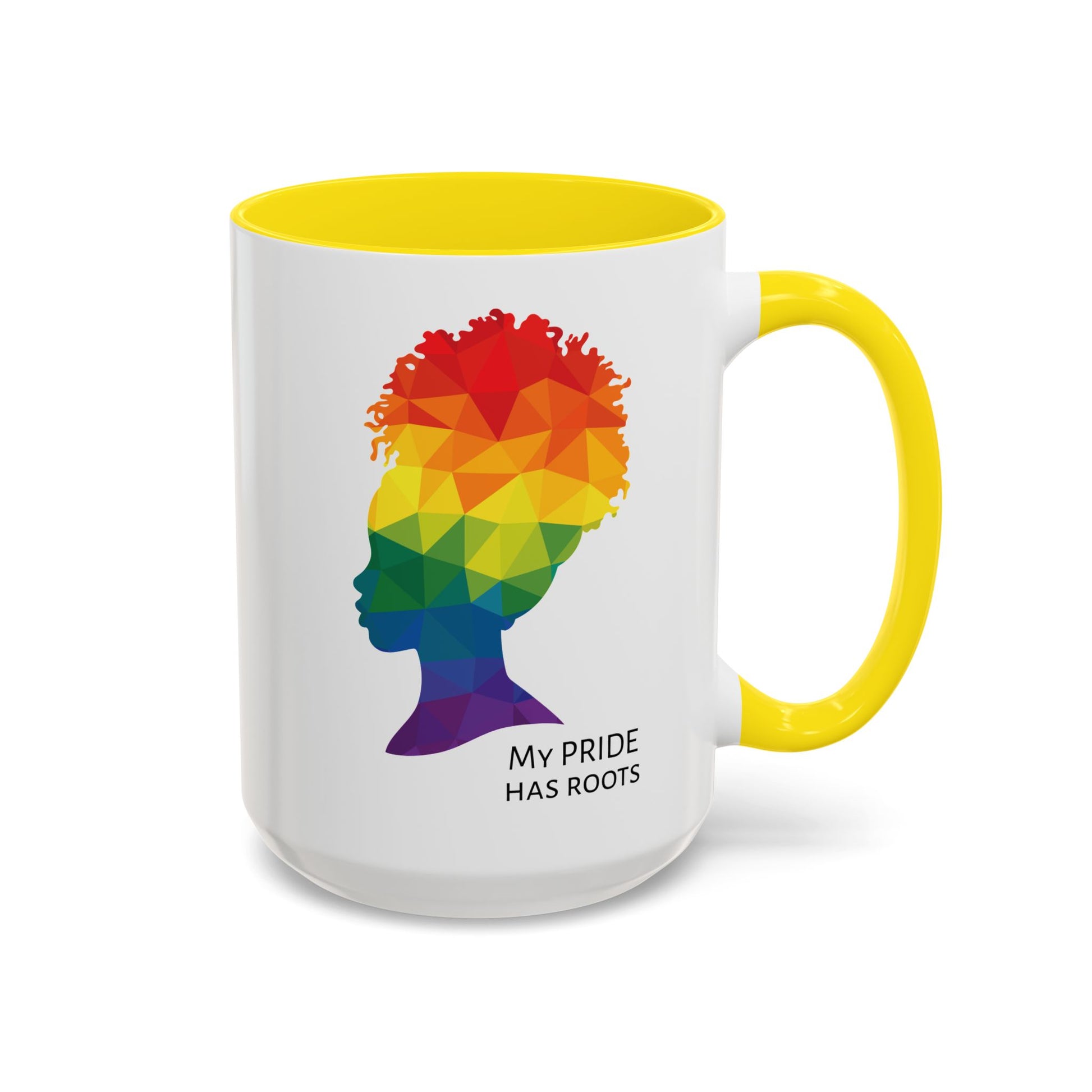 A white mug with a yellow handle and rim, featuring a vibrant geometric silhouette of a womans head with a rainbow afro and MY PRIDE HAS ROOTS below—perfect for the LGBTQ community from The Worldwide PRIDE Store.