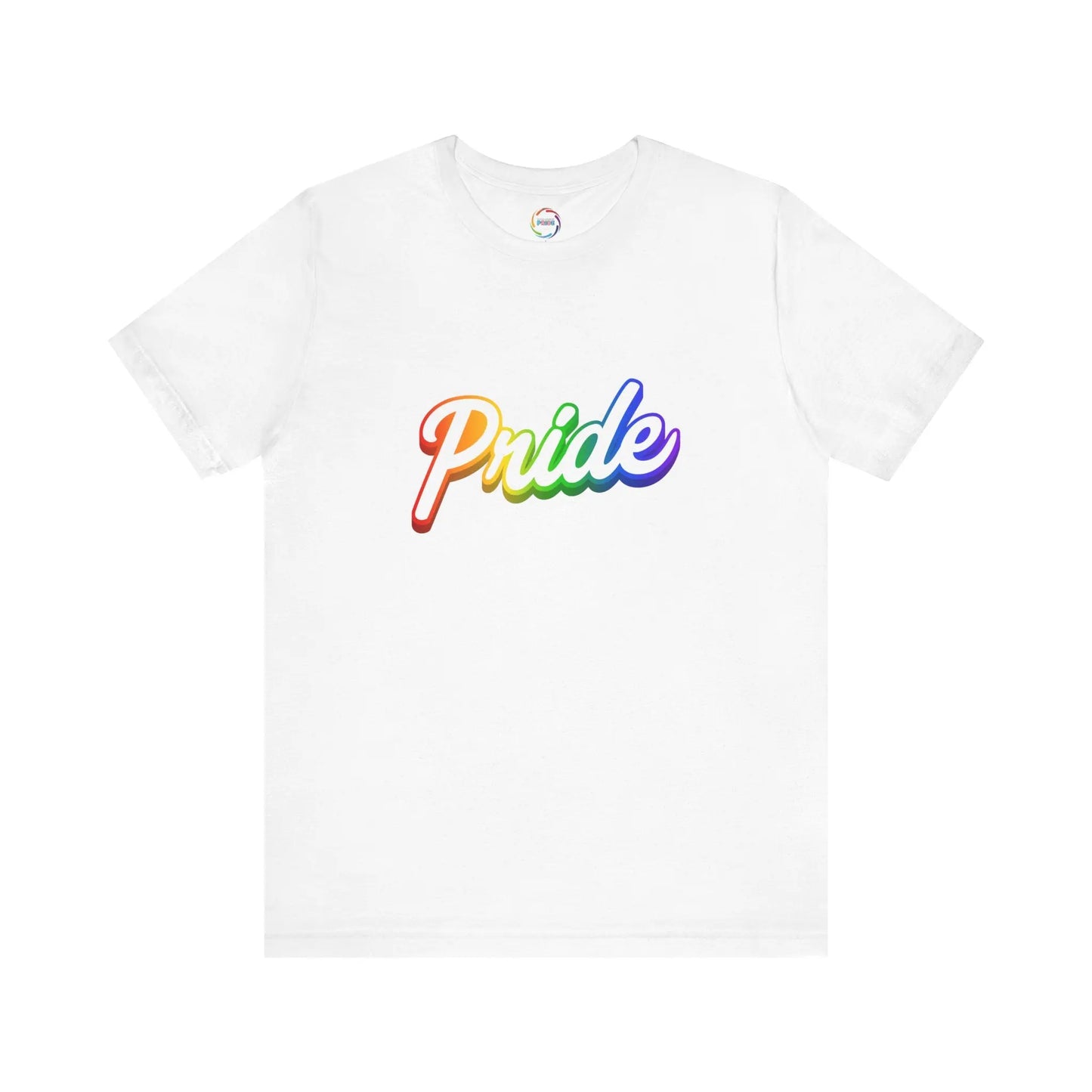 White t-shirt with 'Pride' in rainbow colors on a white background