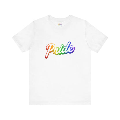 White t-shirt with 'Pride' in rainbow colors on a white background