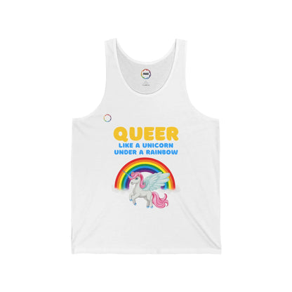 White unisex jersey tank top with a colorful graphic that includes a rainbow and a unicorn, with the text 'QUEER like a unicorn UNDER a rainbow'.