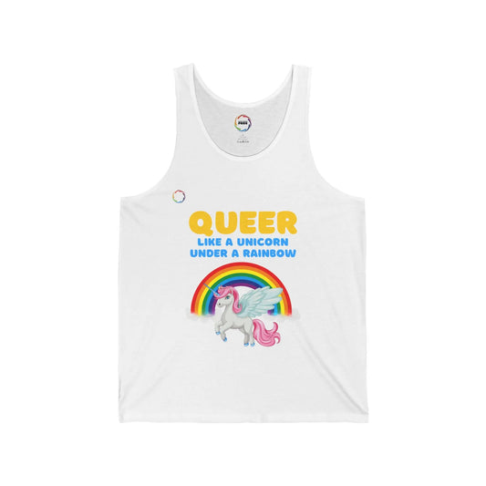 White unisex jersey tank top with a colorful graphic that includes a rainbow and a unicorn, with the text 'QUEER like a unicorn UNDER a rainbow'.