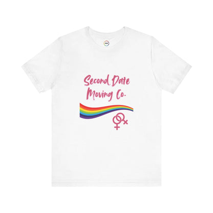 White t-shirt with 'Second Date Moving Co.' text and rainbow design on a white background