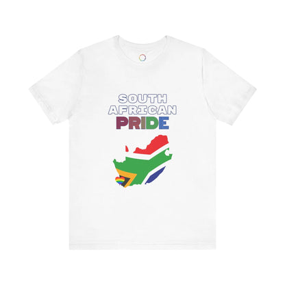 A white short-sleeve t-shirt with 'SOUTH AFRICAN PRIDE' text and a graphic of the South African flag on it.