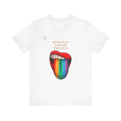 A white tee with a colorful graphic of a rainbow tongue with text that says 'Speak Your Truth' on a white background.