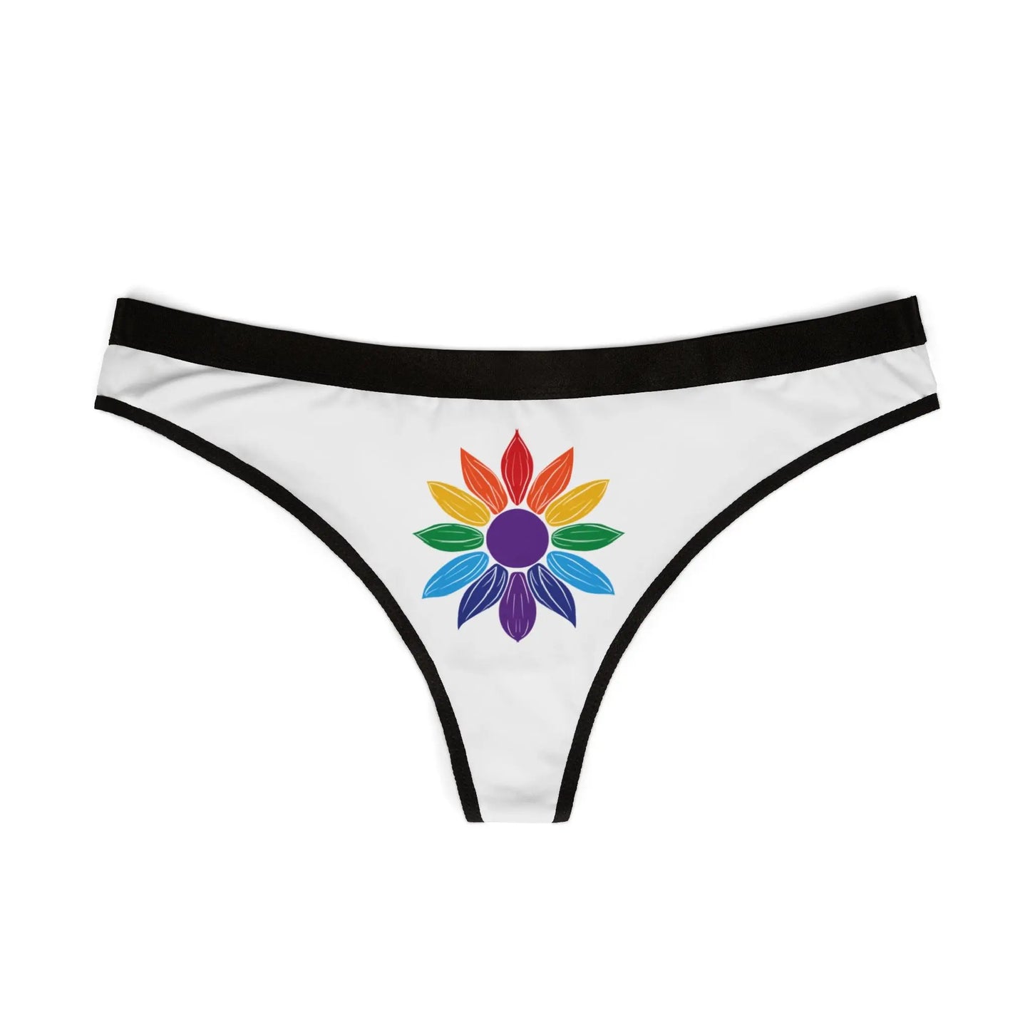 Worldwide PRIDE white thong with a colorful flower design on a white background