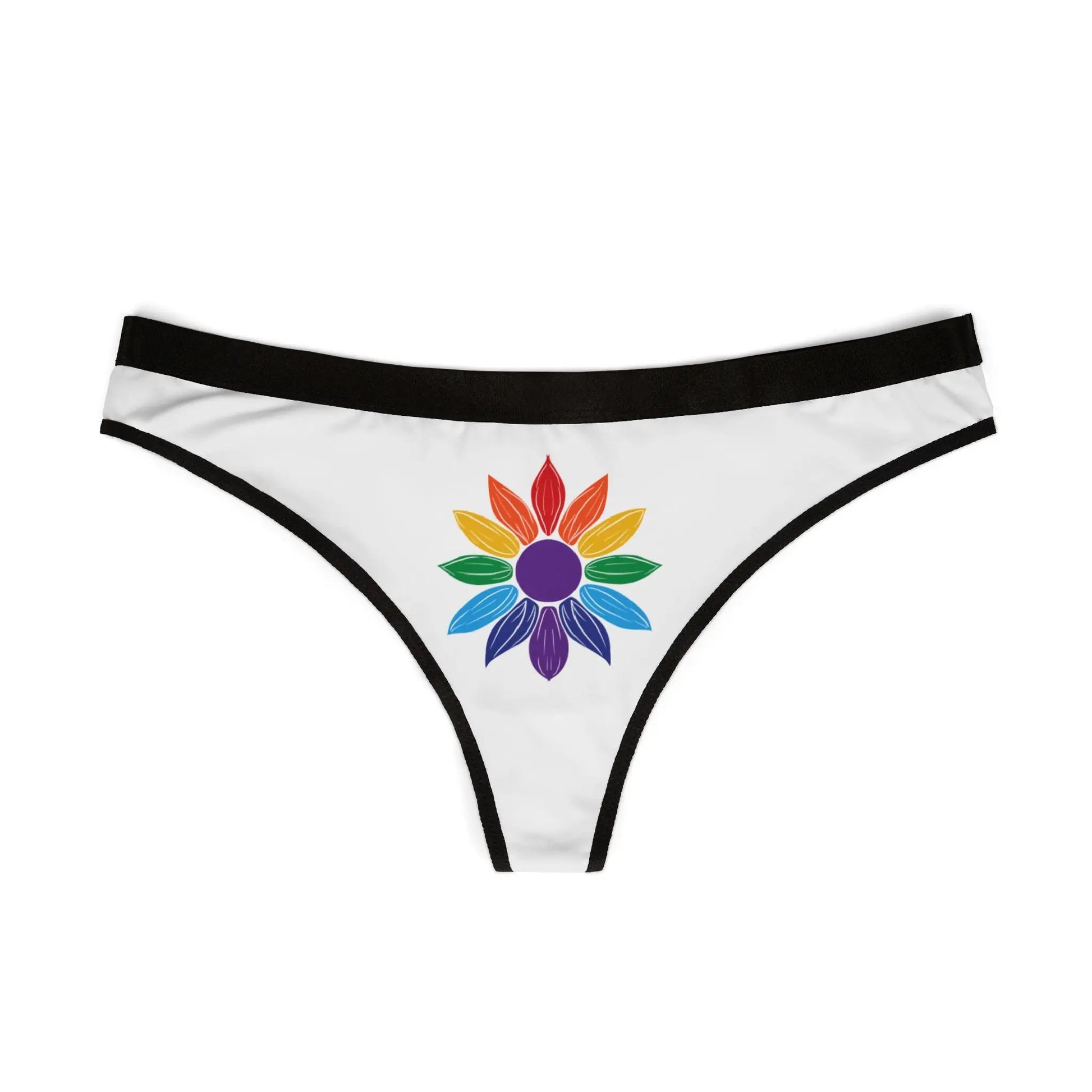 Worldwide PRIDE white thong with a colorful flower design on a white background
