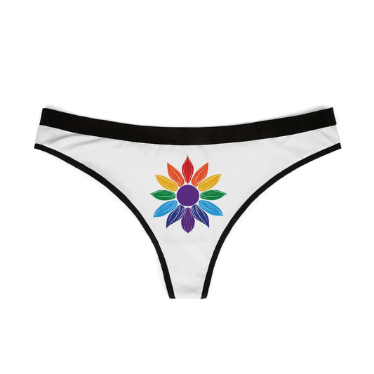 Worldwide PRIDE white thong with a colorful flower design on a white background