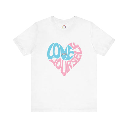 White t-shirt with "Love Yourself" written in the colors that represent the transgender community.