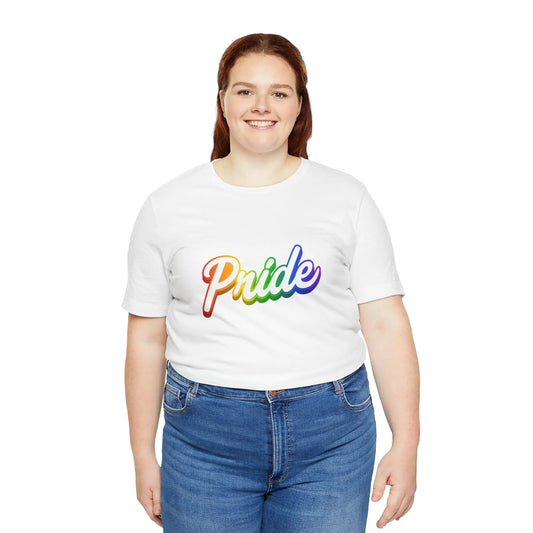 Person wearing a white t-shirt with 'Pride' in rainbow colors on a white background