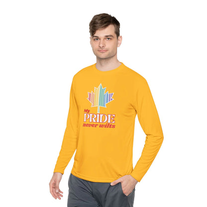 A person wearing a long sleeve yellow t-shirt with a colorful graphic that reads 'My PRIDE never wilts'.
