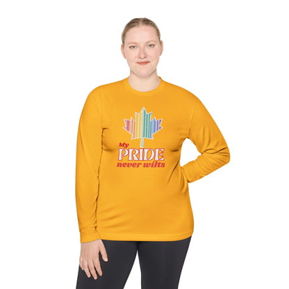 A person wearing a long sleeve yellow t-shirt with a colorful graphic that reads 'My PRIDE never wilts'.