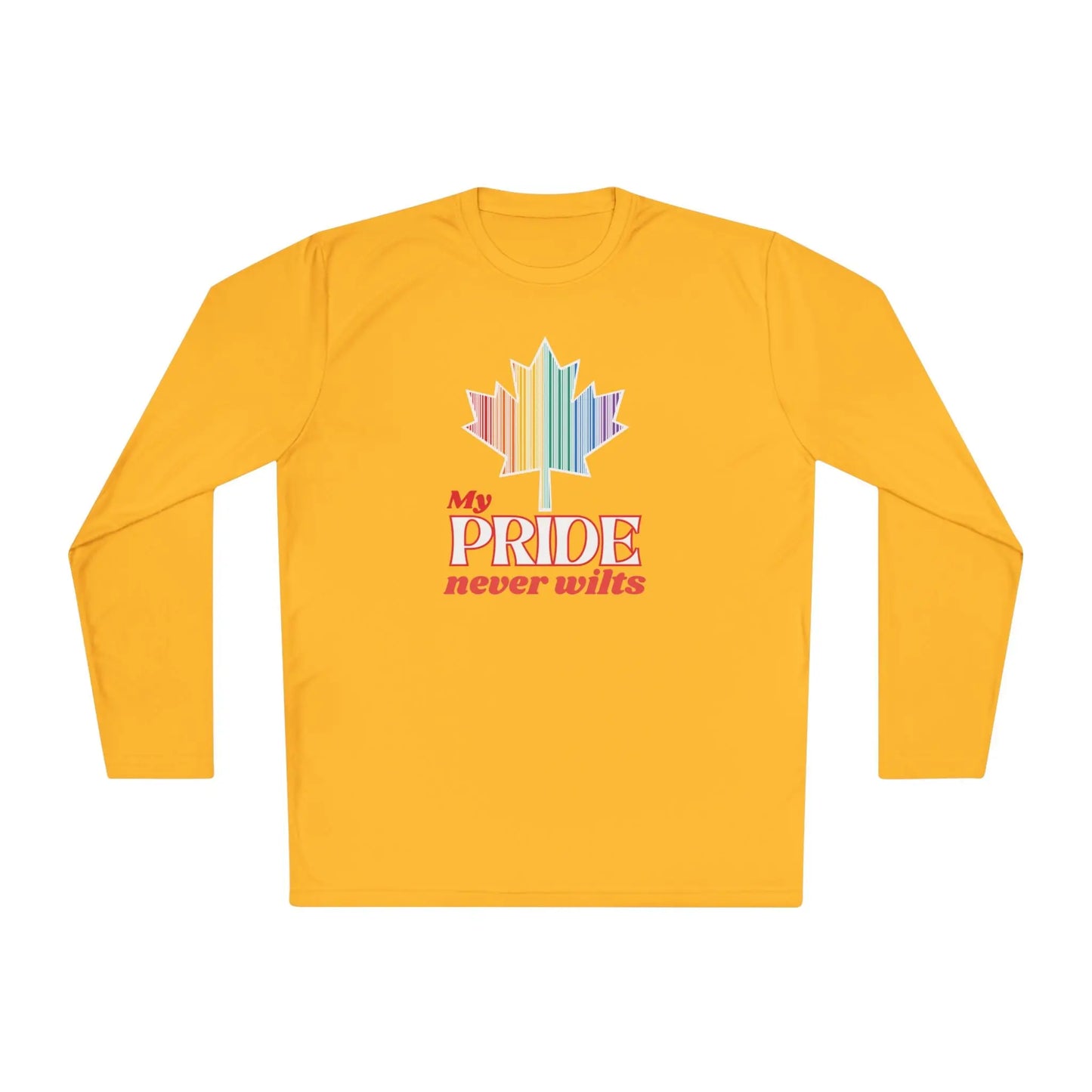 A long sleeve yellow t-shirt with a colorful graphic that reads 'My PRIDE never wilts'.