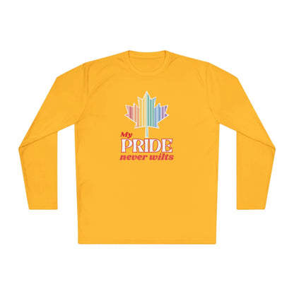 A long sleeve yellow t-shirt with a colorful graphic that reads 'My PRIDE never wilts'.