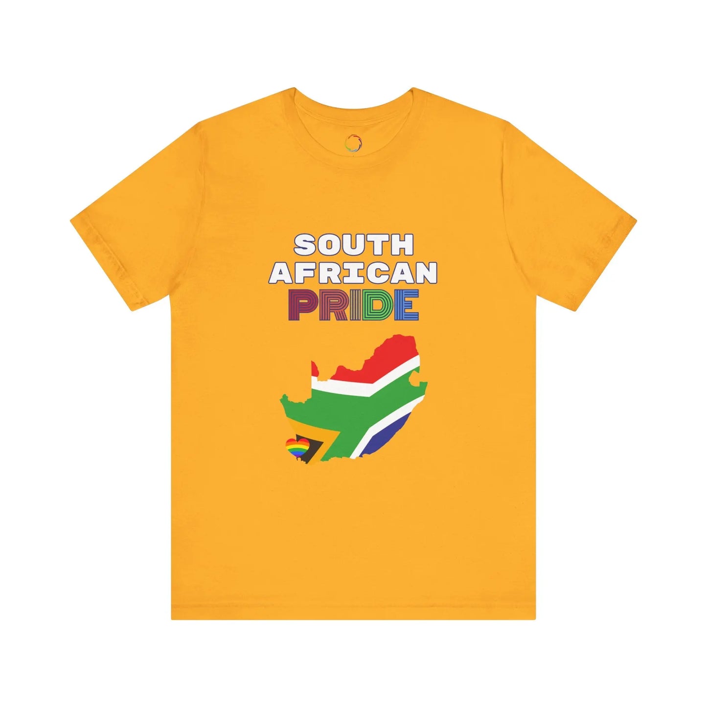 A yellow short-sleeve t-shirt with 'SOUTH AFRICAN PRIDE' text and a graphic of the South African flag on it.