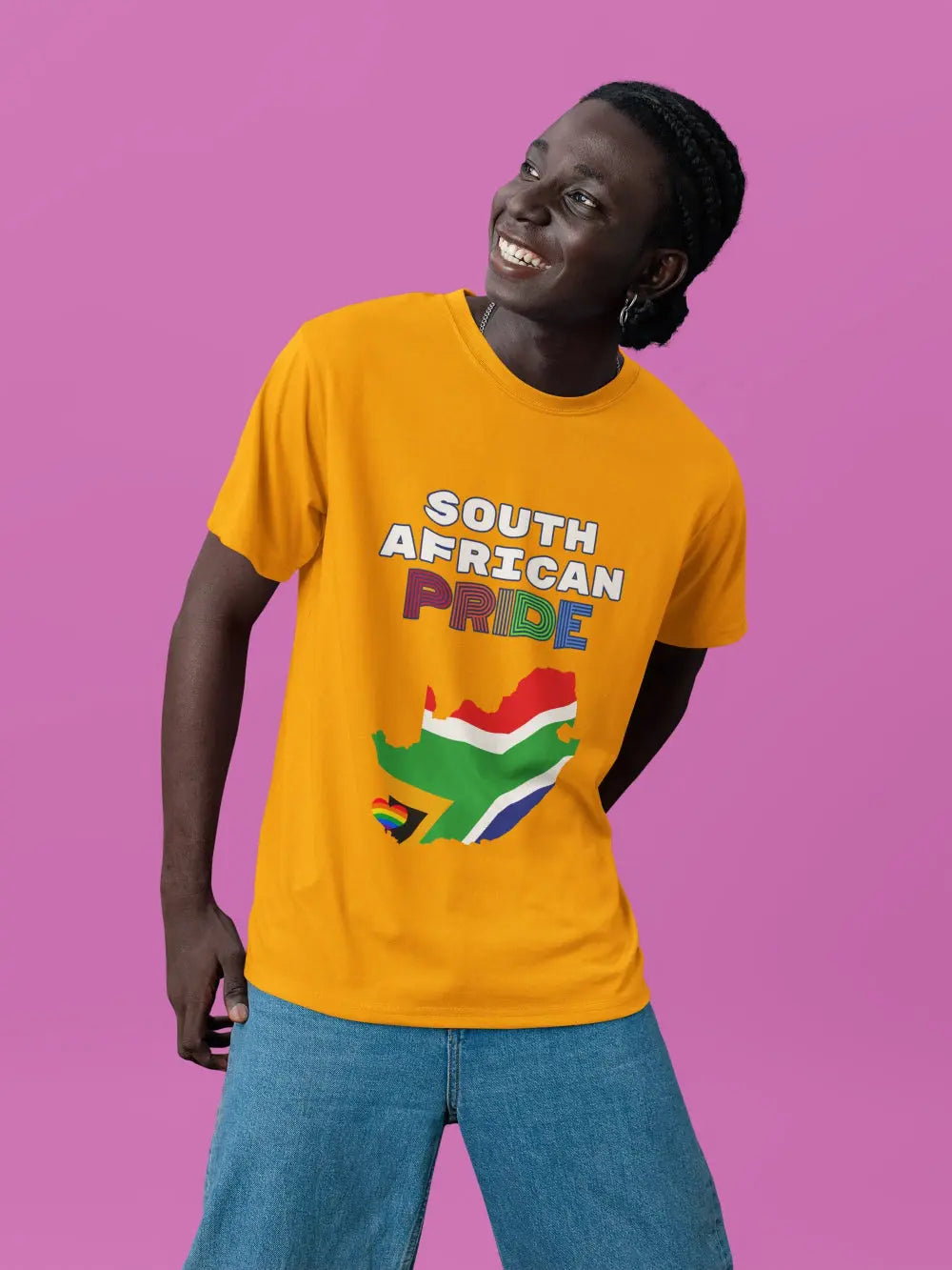 A person wearing a yellow short-sleeve t-shirt with 'SOUTH AFRICAN PRIDE' text and a graphic of the South African flag on it.